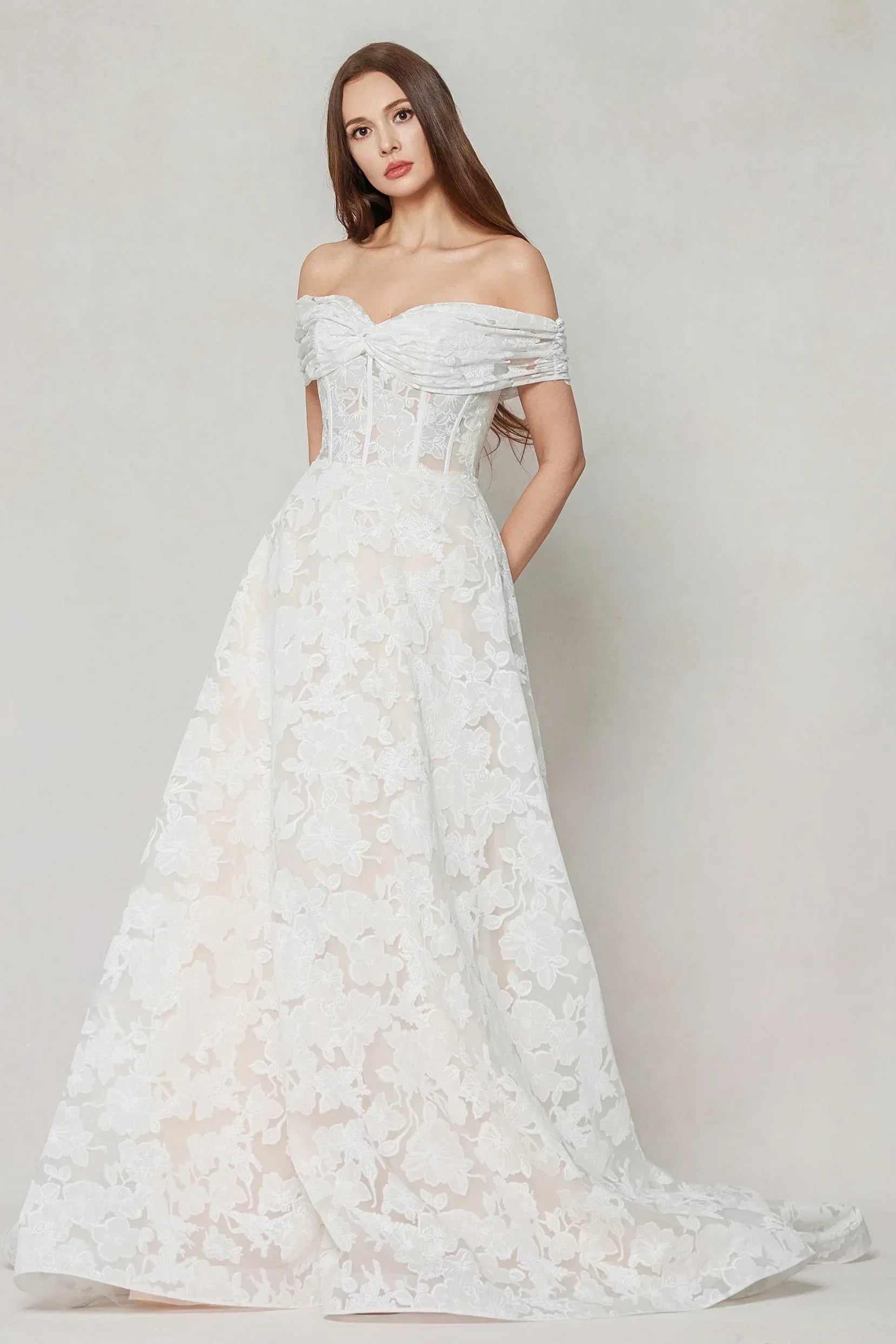 A-Line Court Train Gauze Broche Wedding Dress CW3623 - COCOMELODY